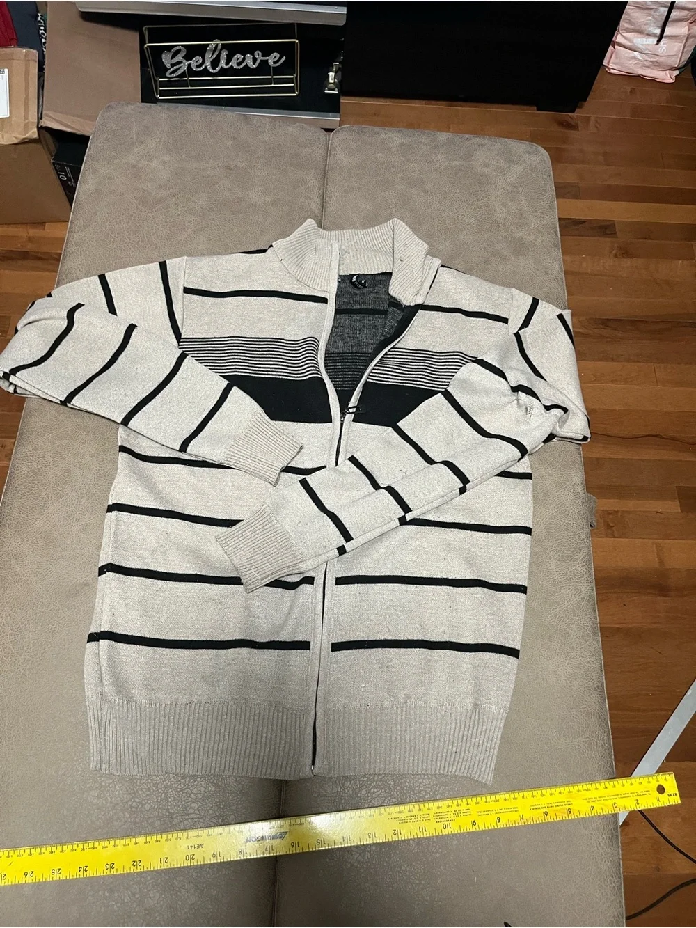 True Rock Men's Cream and Black Striped Zip-Up Sweater medium